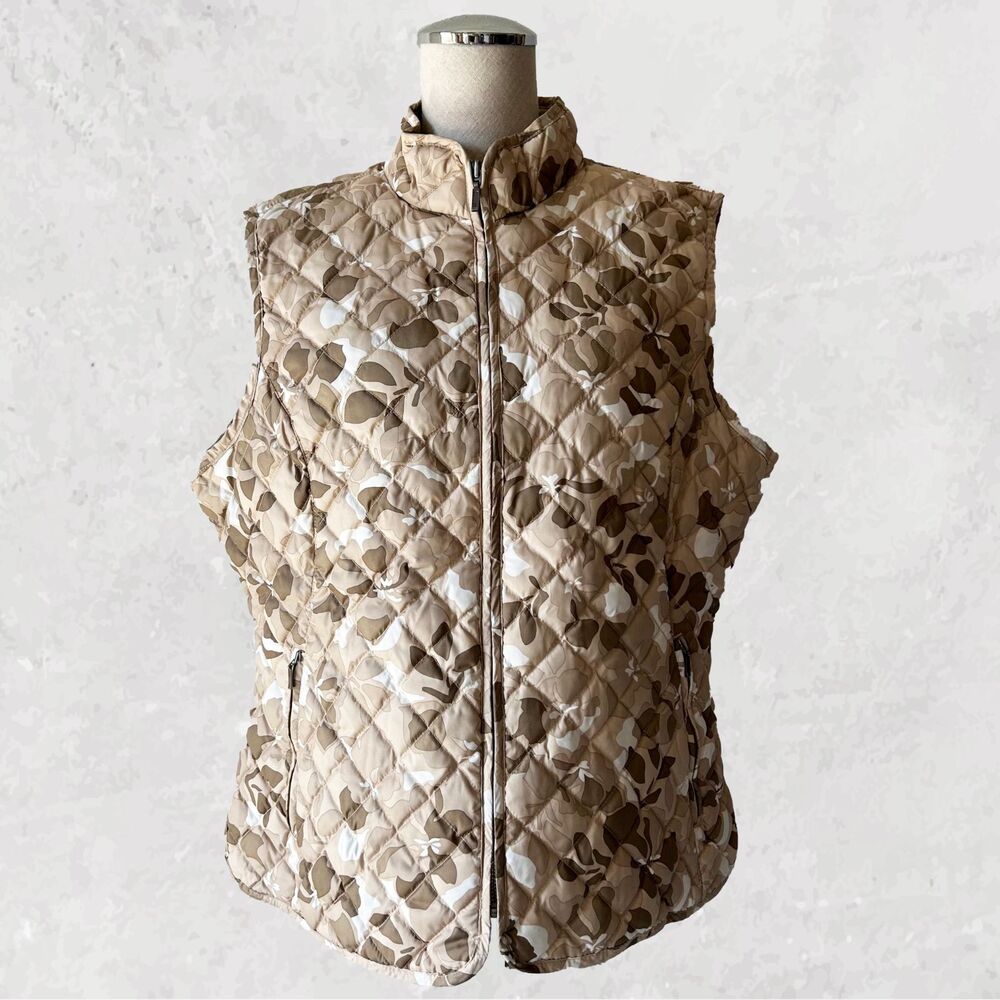 Eddie Bauer Quilted Goose Down Vest Women's XL Tan Beige Floral Camo Zip Pockets